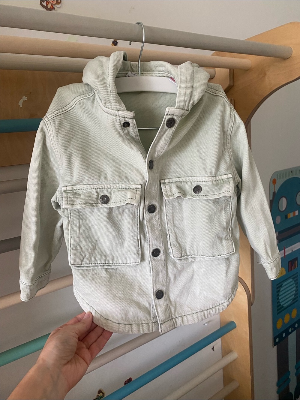 Zara Boys Light Sage Green Hooded Denim Jacket